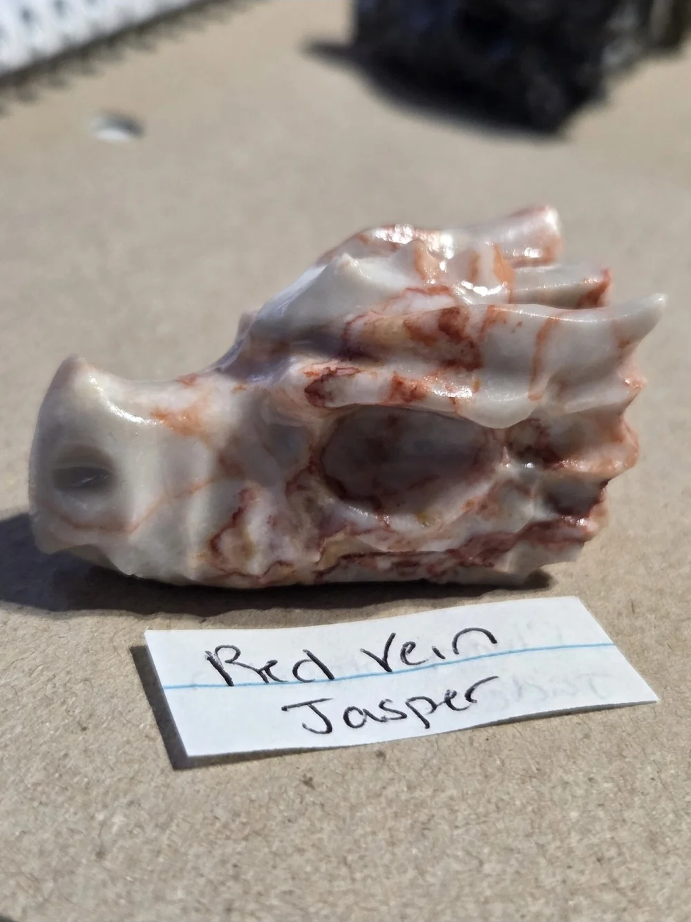 Detailed Red Vein Jasper Crystal Carved Dragon Head Stone Sculpture Decor